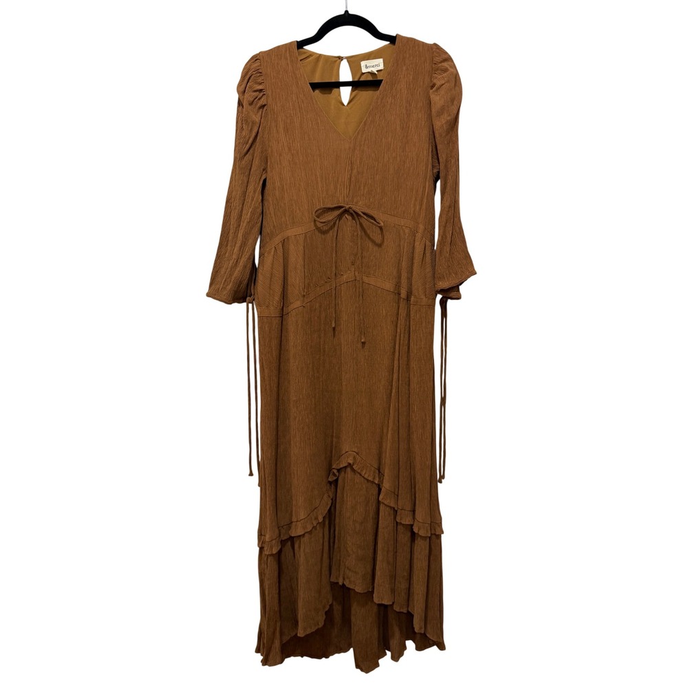 &merci Women Brown Textured V-Neck Tiered High Low Maxi Dress Large
